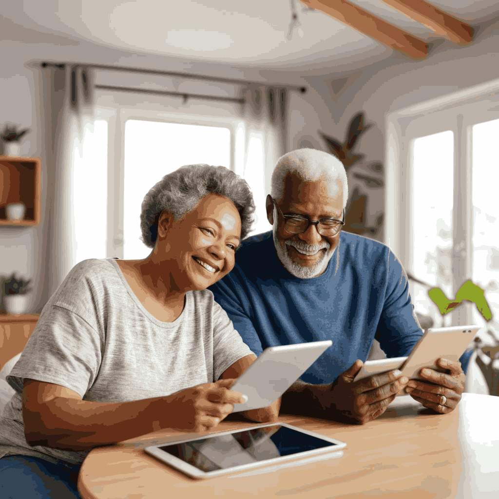 Casal acima dos 50 anos descobrindo a tecnologia juntos com um tablet em casa