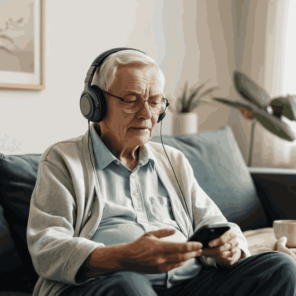 Homem sênior praticando bem-estar digital com aplicativo de meditação no celular.