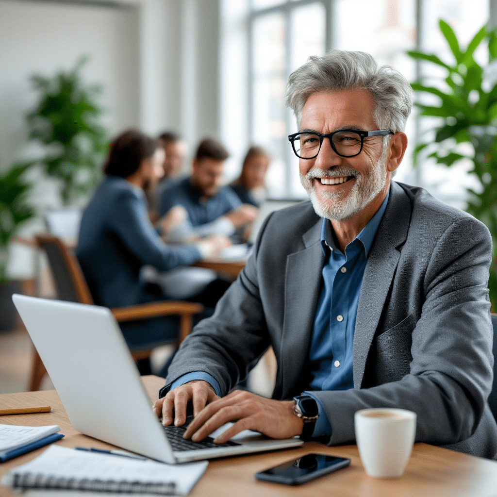 Empreendedor bem-sucedido aos 60 anos trabalhando em seu novo negócio em ambiente colaborativo, demonstrando que o empreendedorismo sênior combina experiência com inovação.