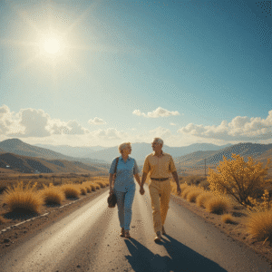 Uma foto ultra realista, inspiradora e acolhedora que represente a realização de sonhos após os 50 anos. Mostre um casal sênior acima dos 60 anos, sorridente, olhando para o horizonte ensolarado, caminhando em uma estrada iluminada que simboliza novas possibilidades.